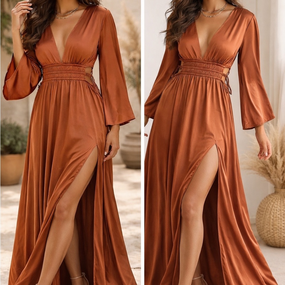 Justify Rust Satin Maxi Dress - Deep V-Neck & Front Slit - Size XL